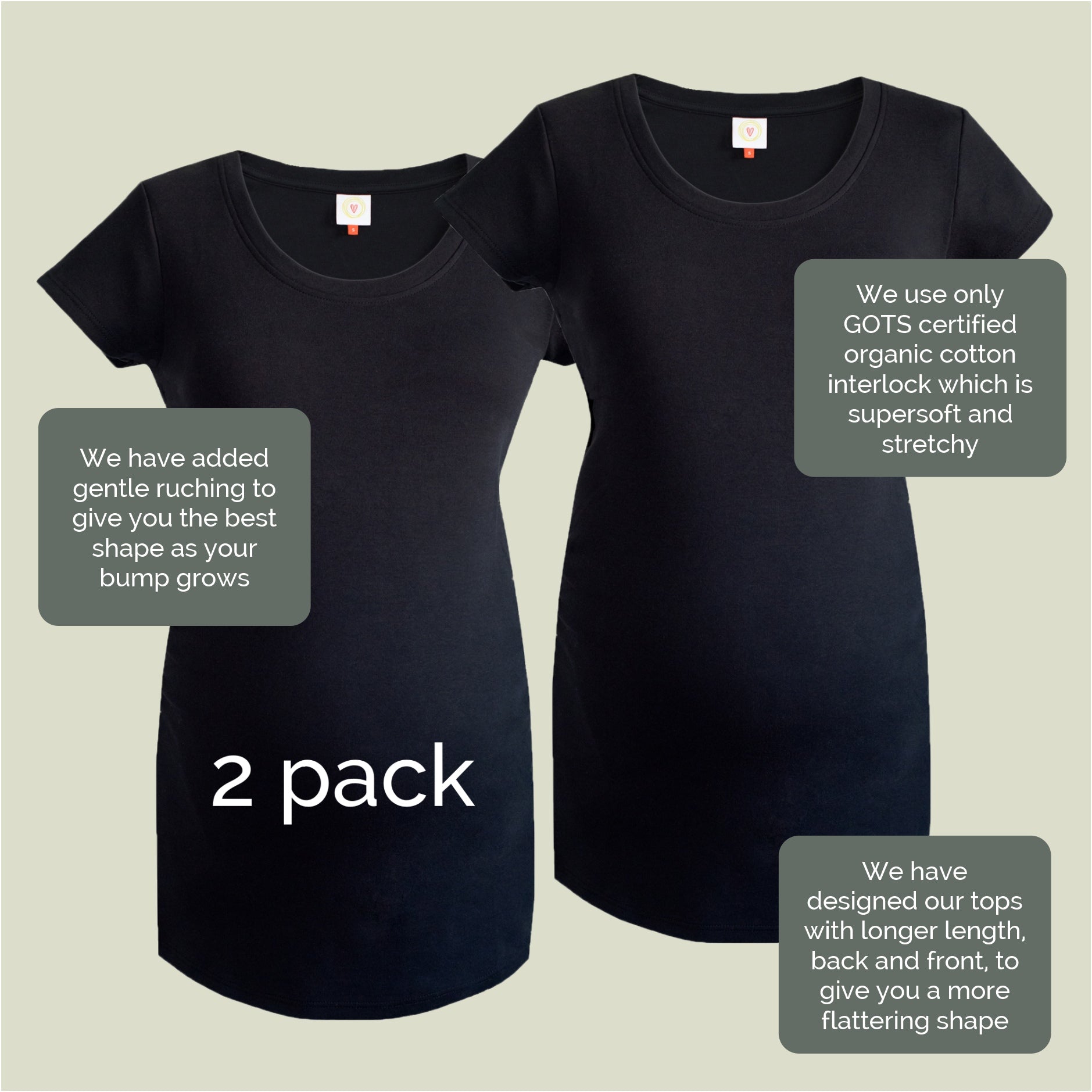 Twin pack pregnancy t-shirts with ruching and long length
