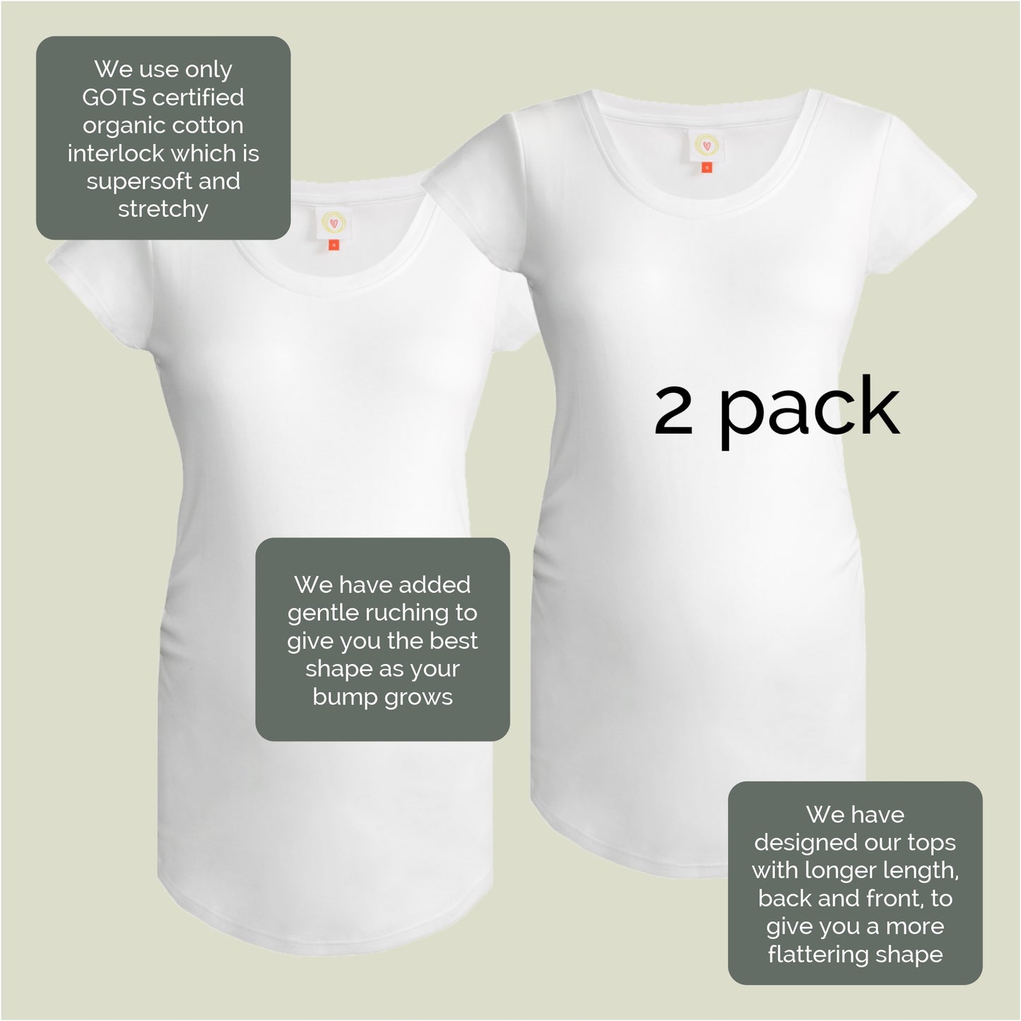 Twin pack pregnancy t-shirts with ruching and long length