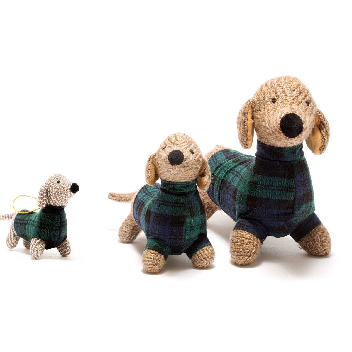 Three crocheted dog toys in plaid and plain colors on a white background