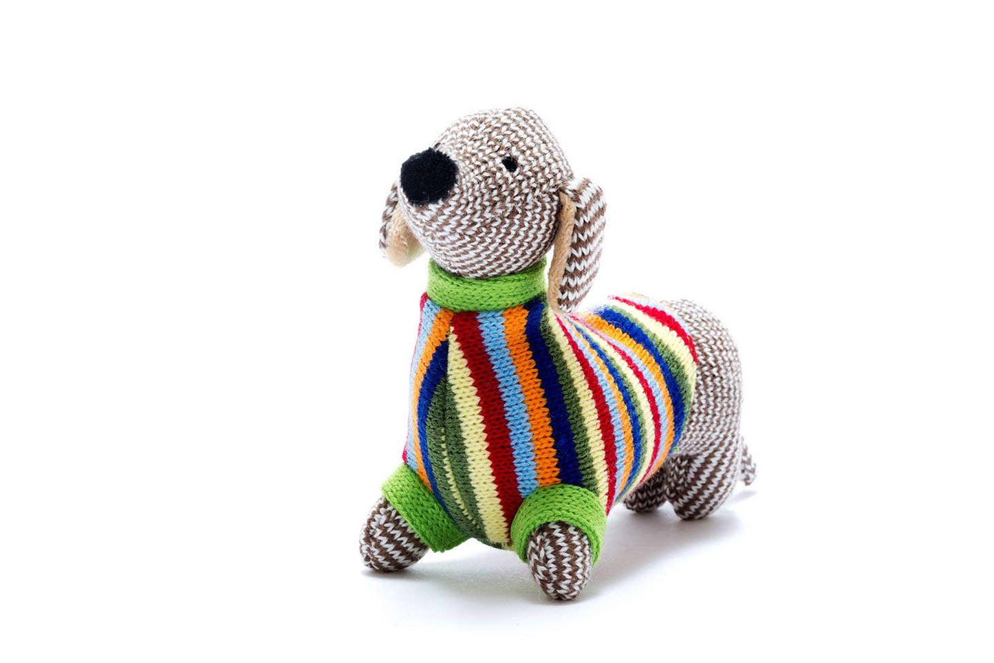 Knitted dog toy with a colorful striped body on a white background