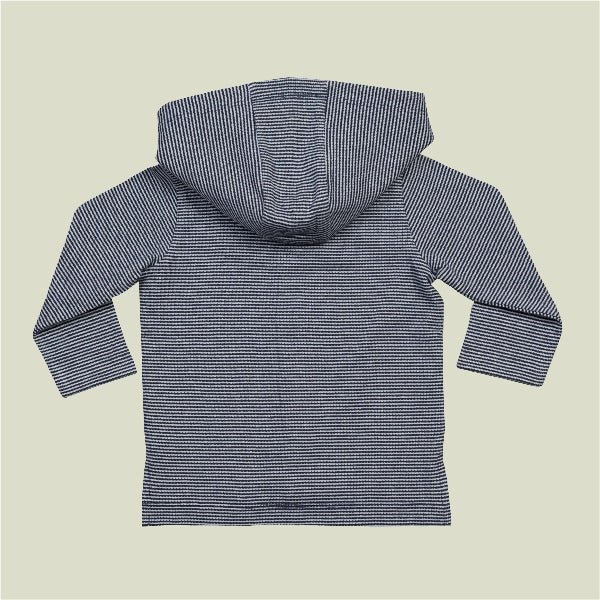 Organic cotton baby hoodie jacket in navy and white stripes with hand-printed bear design