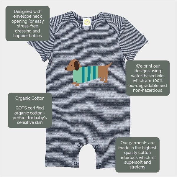 Organic cotton baby romper suit in navy stripes with hand-printed sausage dog design