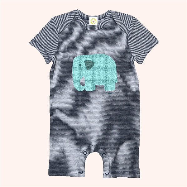 Organic cotton baby romper suit in navy stripes with tartan print elephant design