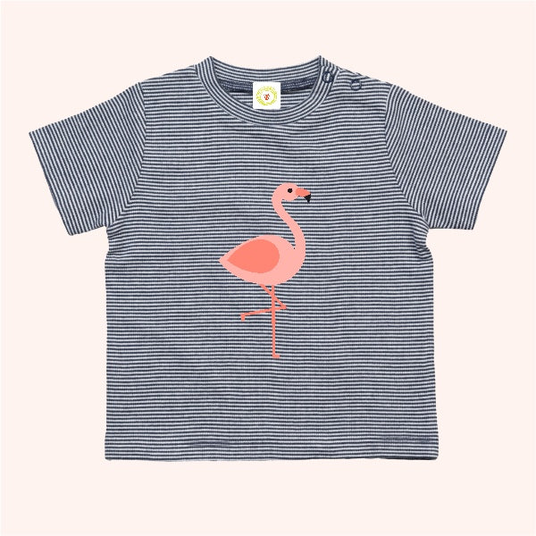 Navy striped baby t-shirt with pink flamingo design and certification labels on a white background