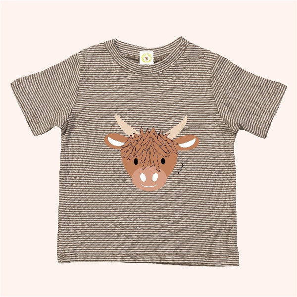 Organic cotton Highland Cow baby t-shirt mocha and white stripes