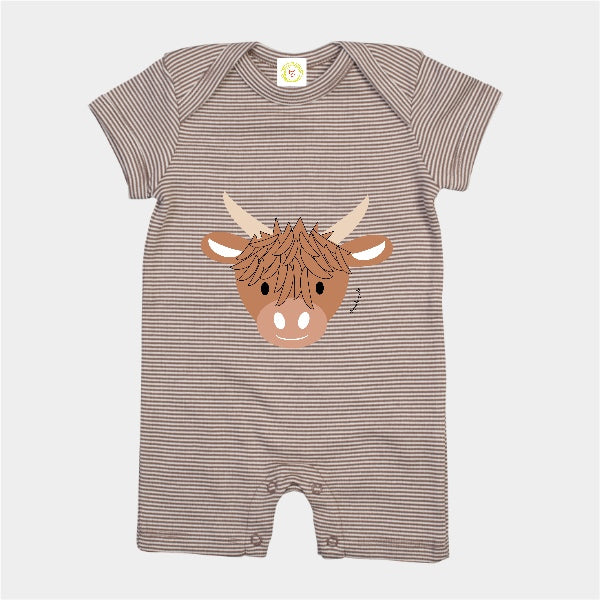 Striped baby romper with a highland cow design on a white background