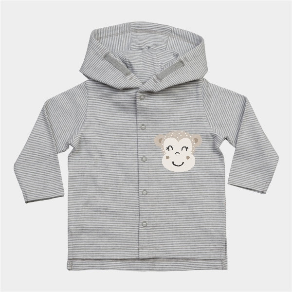 Organic cotton baby hoodie jacket in grey and white stripes with hand-printed monkey design