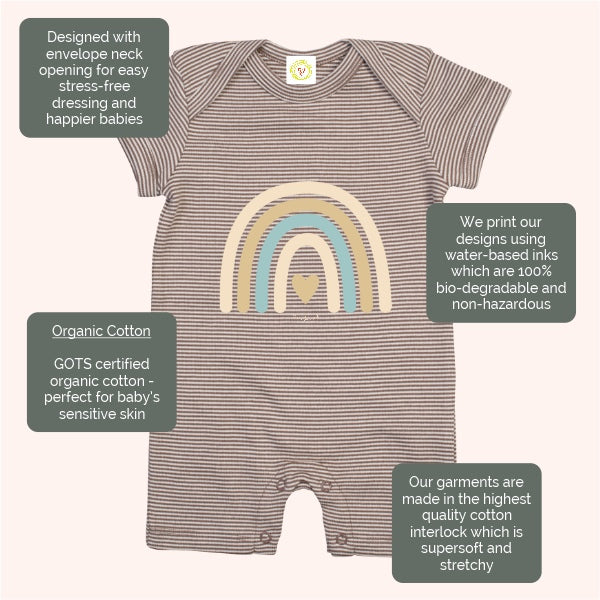 Baby romper with rainbow design and text about organic cotton and printing methods.