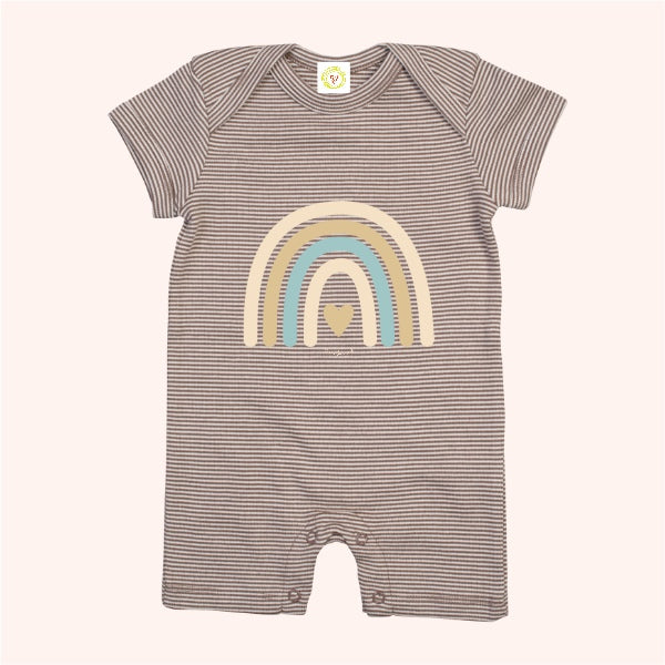 Striped baby romper with rainbow design on a white background