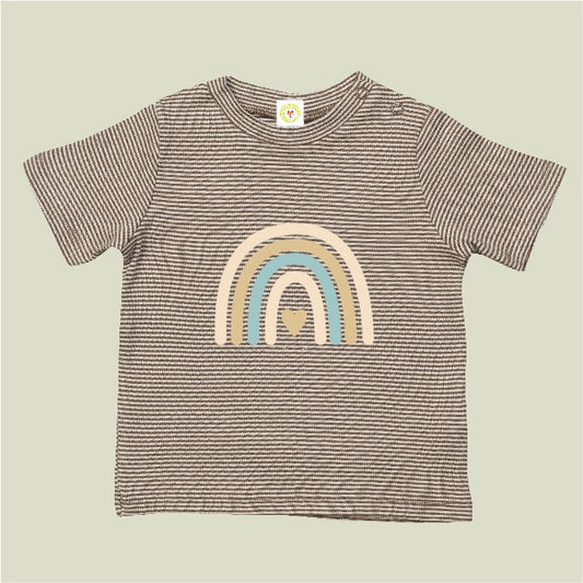 Striped t-shirt with a rainbow design on a beige background