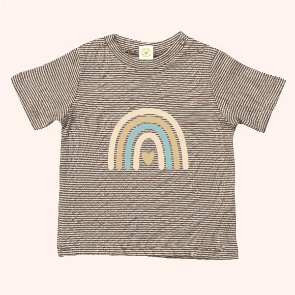 Striped t-shirt with a rainbow design on a white background