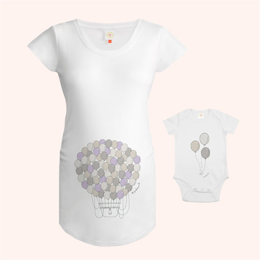 White organic cotton maternity T-shirt with balloon design displayed, next to a matching baby bodysuit.