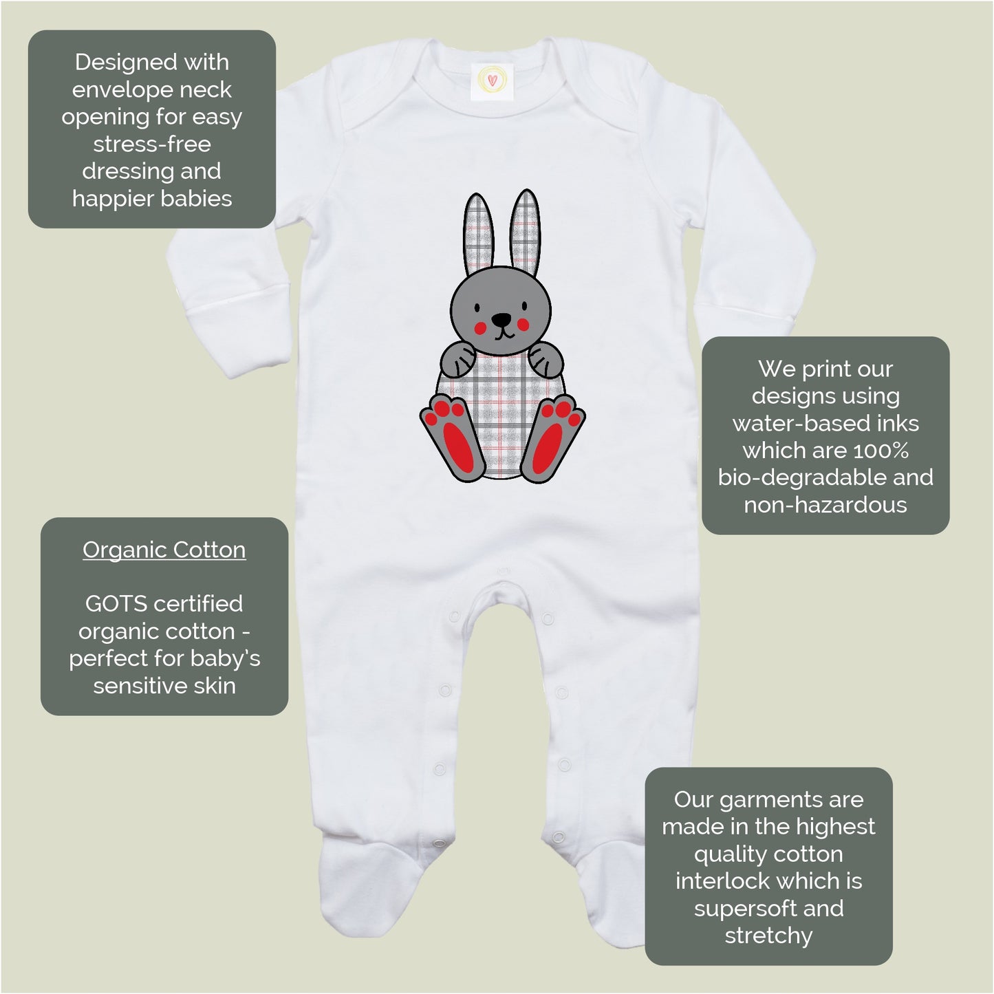 New Baby Sleepsuit in Organic Cotton - Tartan Bunny