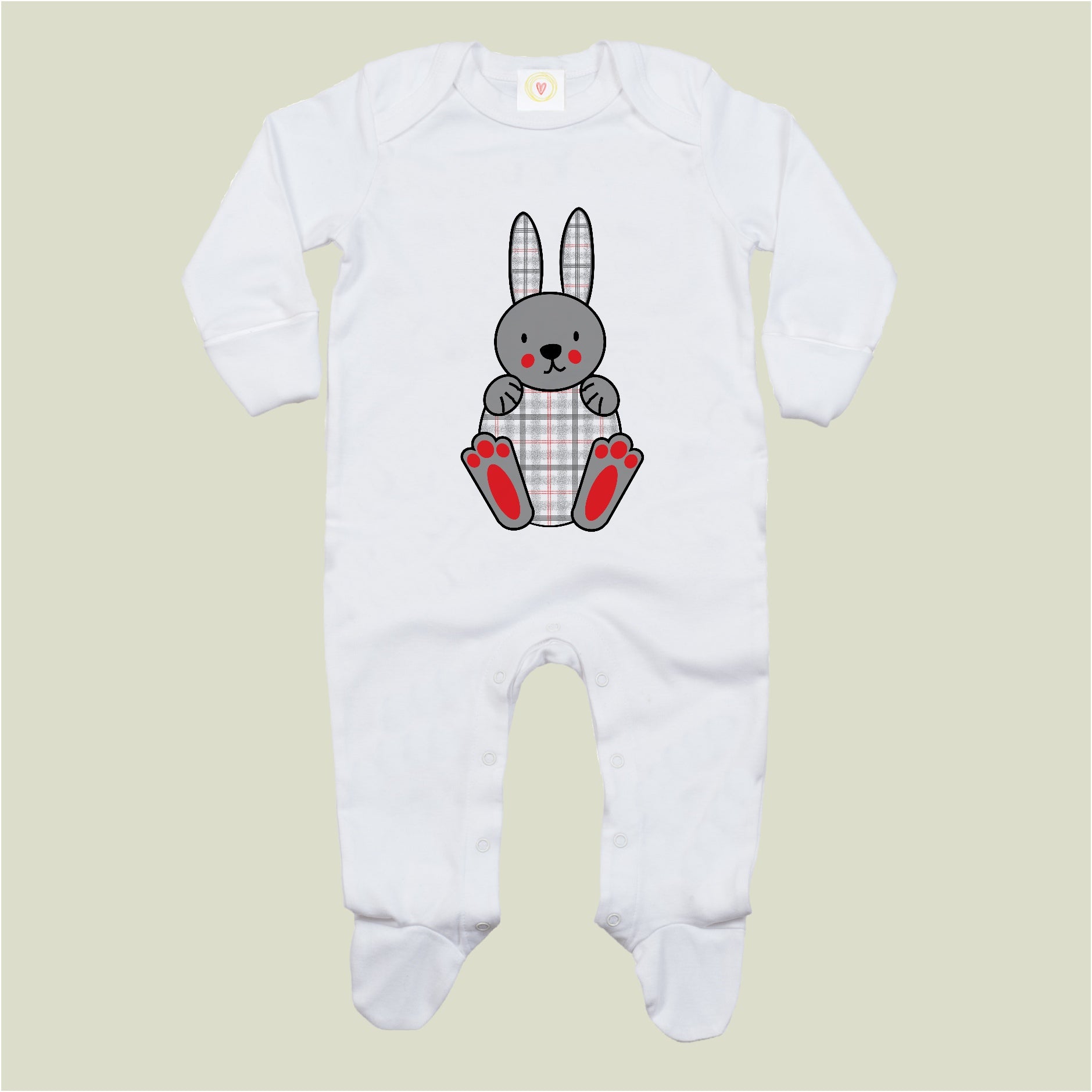Organic cotton baby sleepsuit with tartan bunny print – soft, eco-friendly, safe for newborns, with integrated mitts and popper fastening