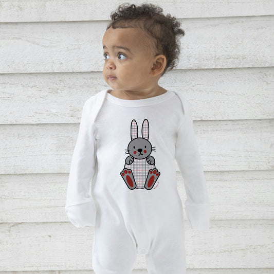 Organic cotton baby sleepsuit with tartan bunny print – soft, eco-friendly, safe for newborns, with integrated mitts and popper fastening