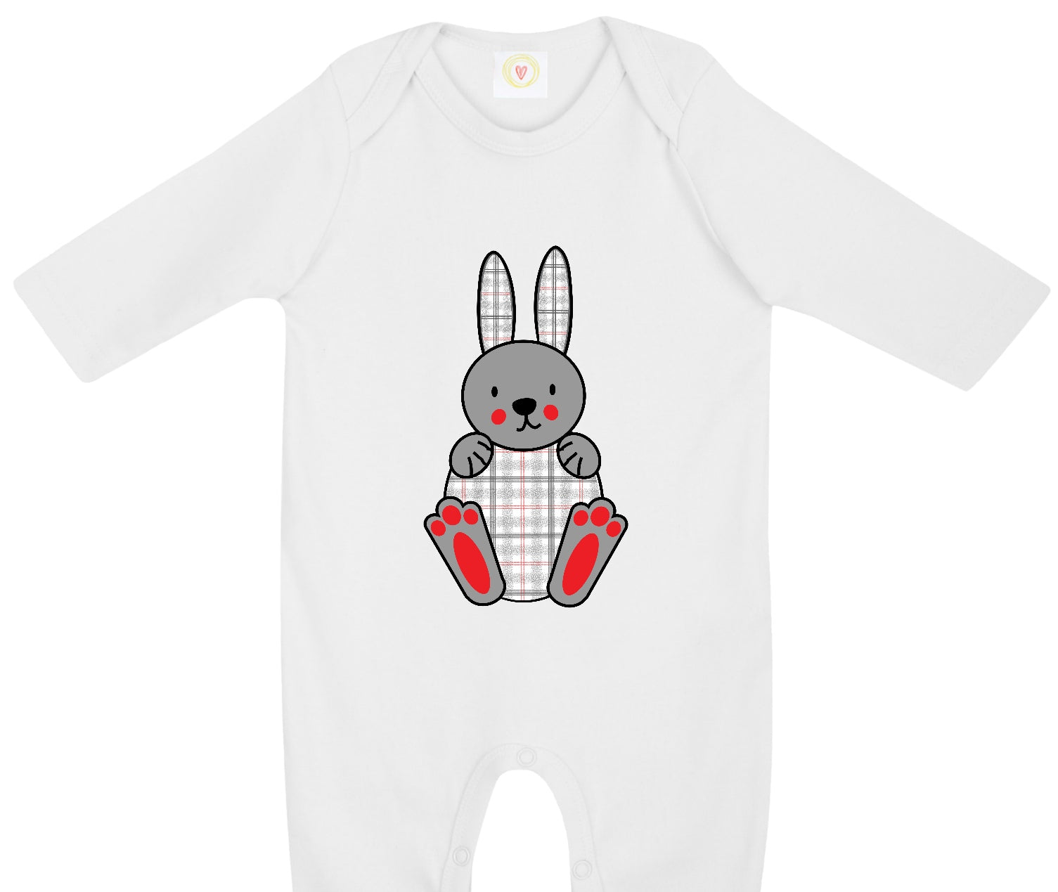 Organic cotton baby sleepsuit with tartan bunny print – soft, eco-friendly, safe for newborns, with integrated mitts and popper fastening