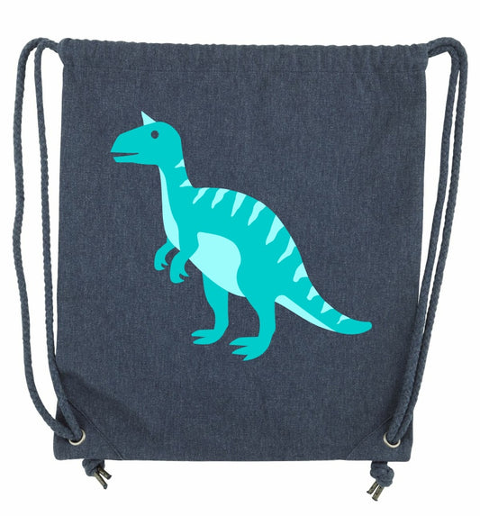 Midnight blue recycled kids drawstring bag with dinosaur print – eco-friendly and durable