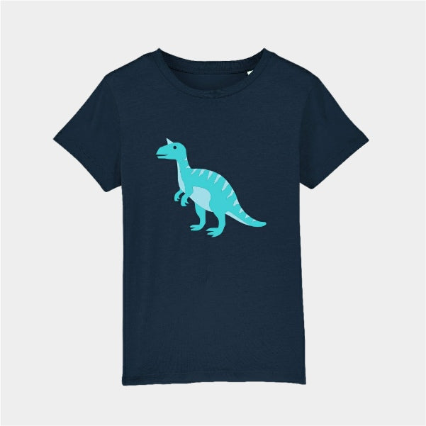 Organic cotton dinosaur t-shirt in French navy – eco-friendly, soft, and hand-printed for kids aged 2 to 8