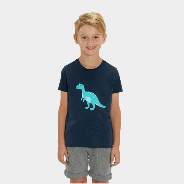 Organic cotton dinosaur t-shirt in French navy – eco-friendly, soft, and hand-printed for kids aged 2 to 8