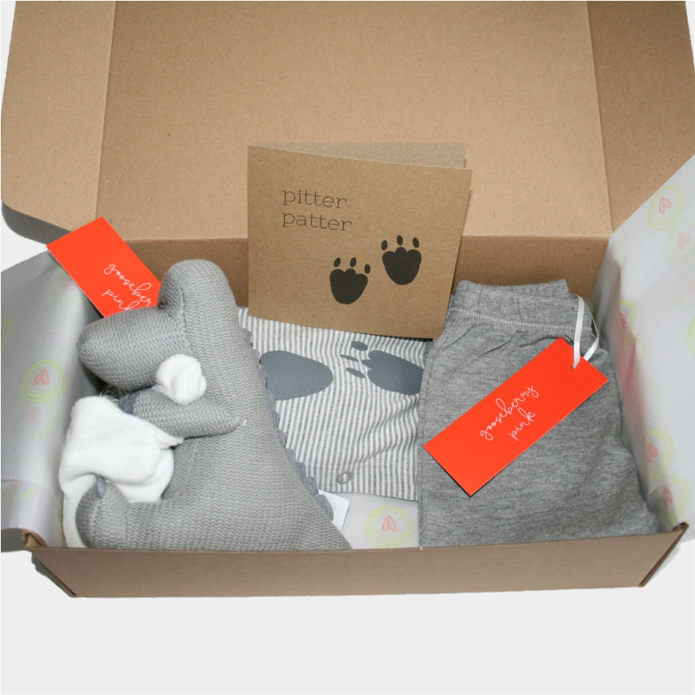 Unisex baby gift set with dinosaur-themed organic cotton outfit and plush toy