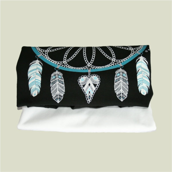 Black headband with feather and chain design on a beige background