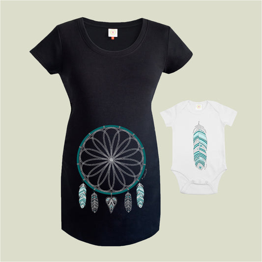 Dream Catcher Mum to Be Gift Set with black organic maternity top, Feather print baby bodysuit made from GOTS-certified organic cotton.
