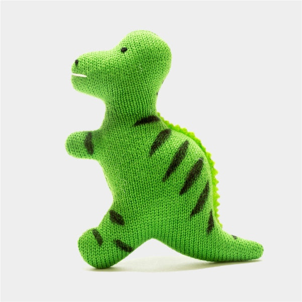 A small green organic cotton dinosaur toy with a textured back.