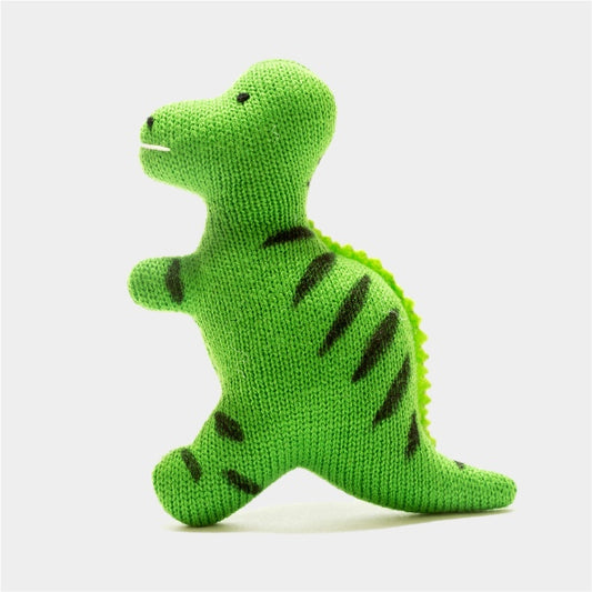 A small green organic cotton dinosaur toy with a textured back.