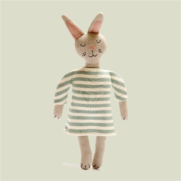 Soft organic cotton bunny doll with a striped dress in teal and white, suitable for babies and toddlers.