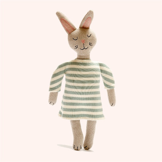 Soft organic cotton bunny doll with a striped dress in teal and white, suitable for babies and toddlers.