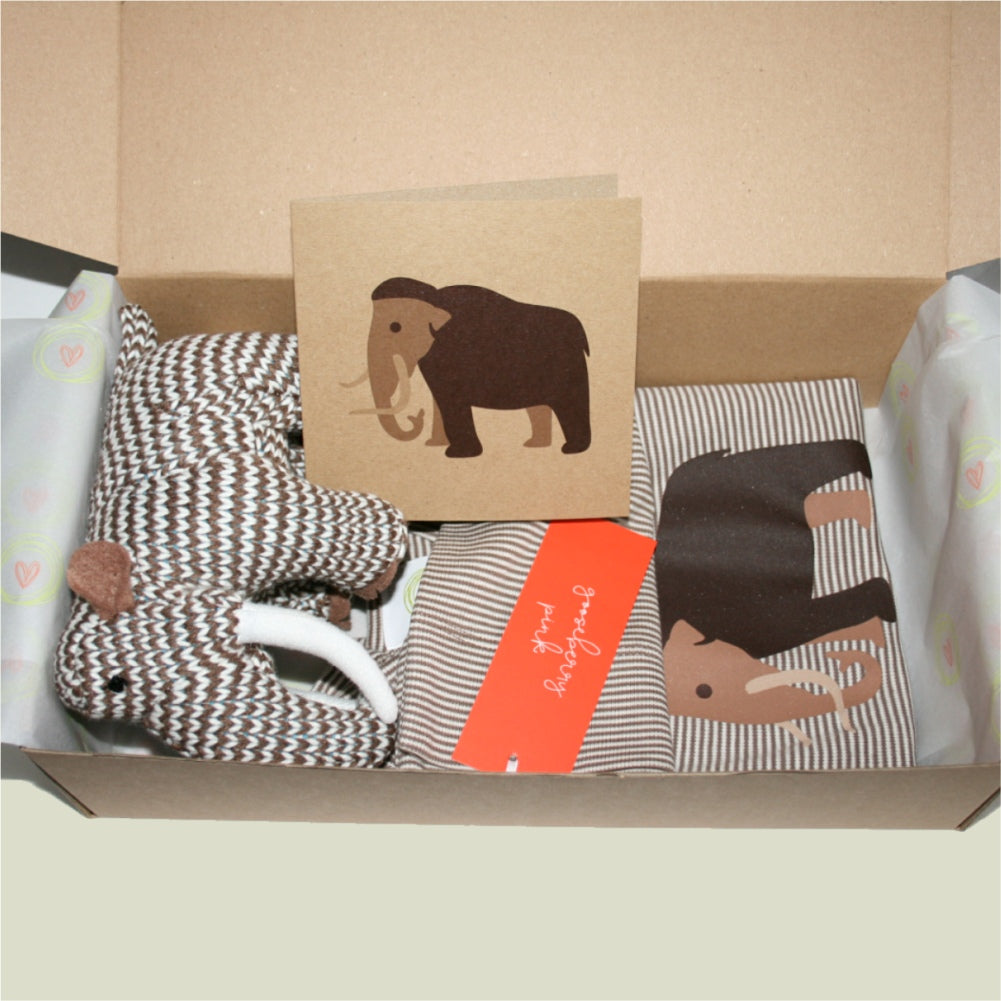 Mocha and natural baby boy outfit with mammoth toy in eco gift packaging