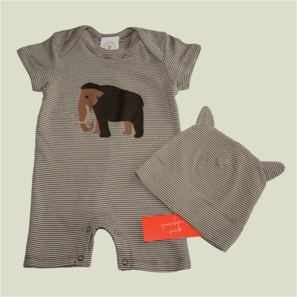 Mocha and natural baby boy outfit with mammoth toy in eco gift packaging