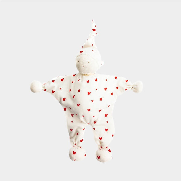 Organic cotton baby comforter with red heart pattern