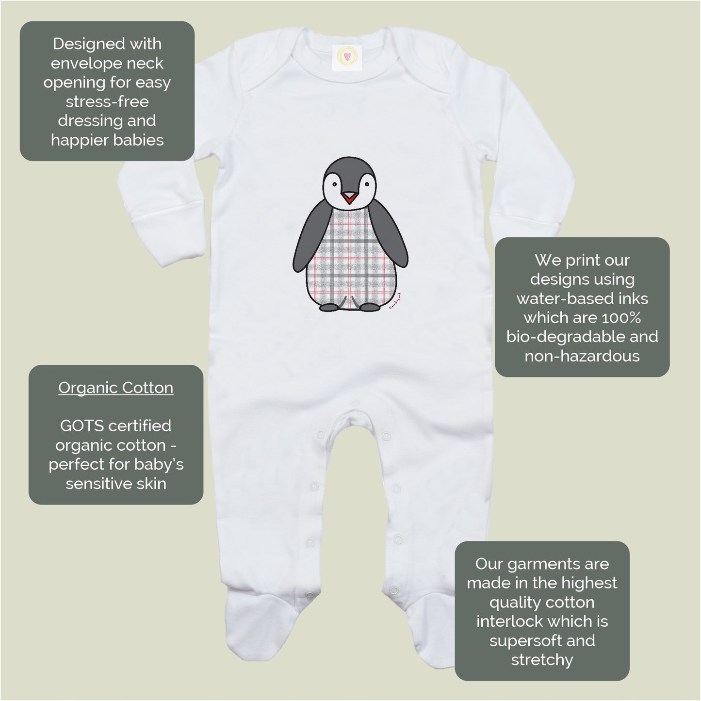 Organic cotton baby sleepsuit with tartan penguin design – soft, eco-friendly, scratch mitts, popper fastening, safe for newborns