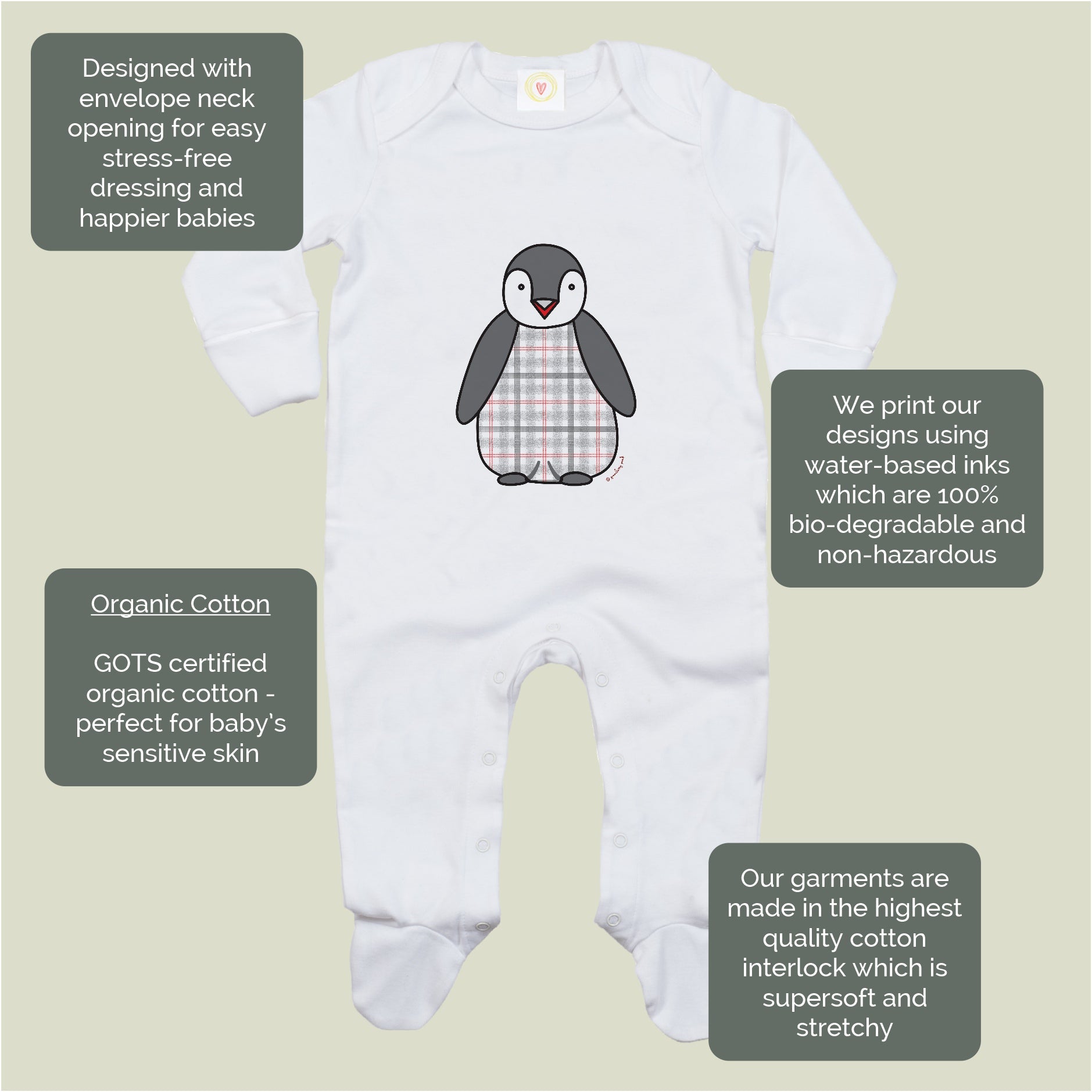 Organic cotton baby sleepsuit with tartan penguin design – soft, eco-friendly, scratch mitts, popper fastening, safe for newborns