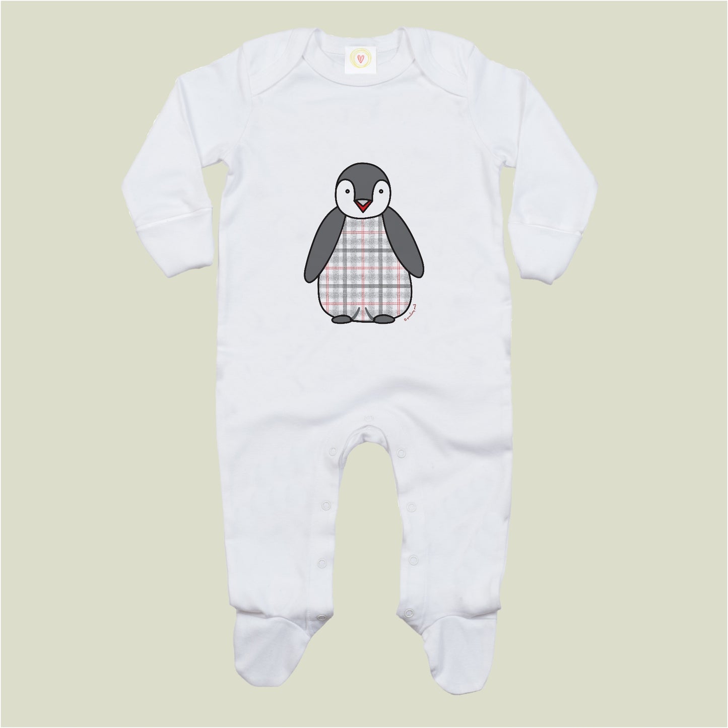 Organic cotton baby sleepsuit with tartan penguin design – soft, eco-friendly, scratch mitts, popper fastening, safe for newborns
