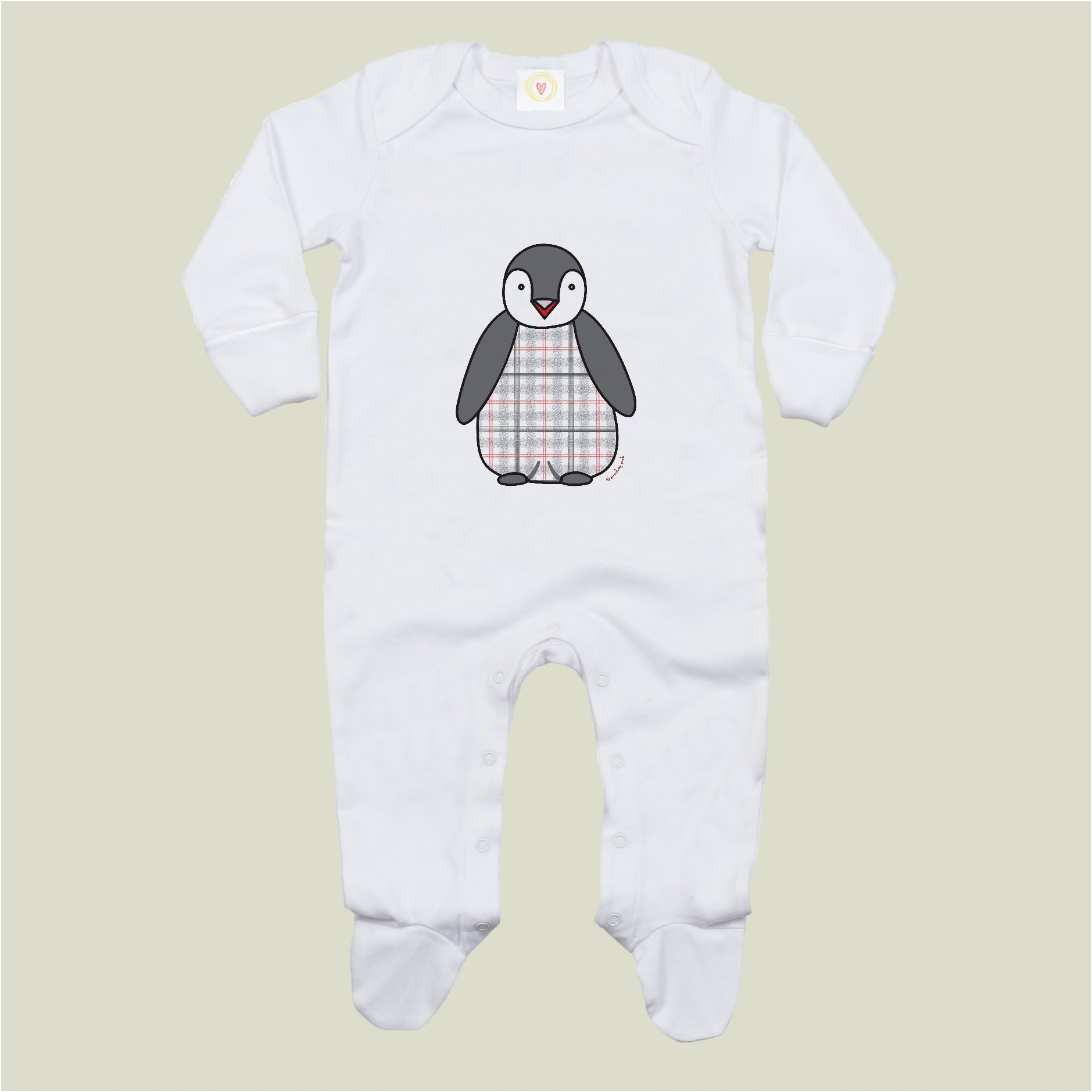 Organic cotton baby sleepsuit with tartan penguin design – soft, eco-friendly, scratch mitts, popper fastening, safe for newborns