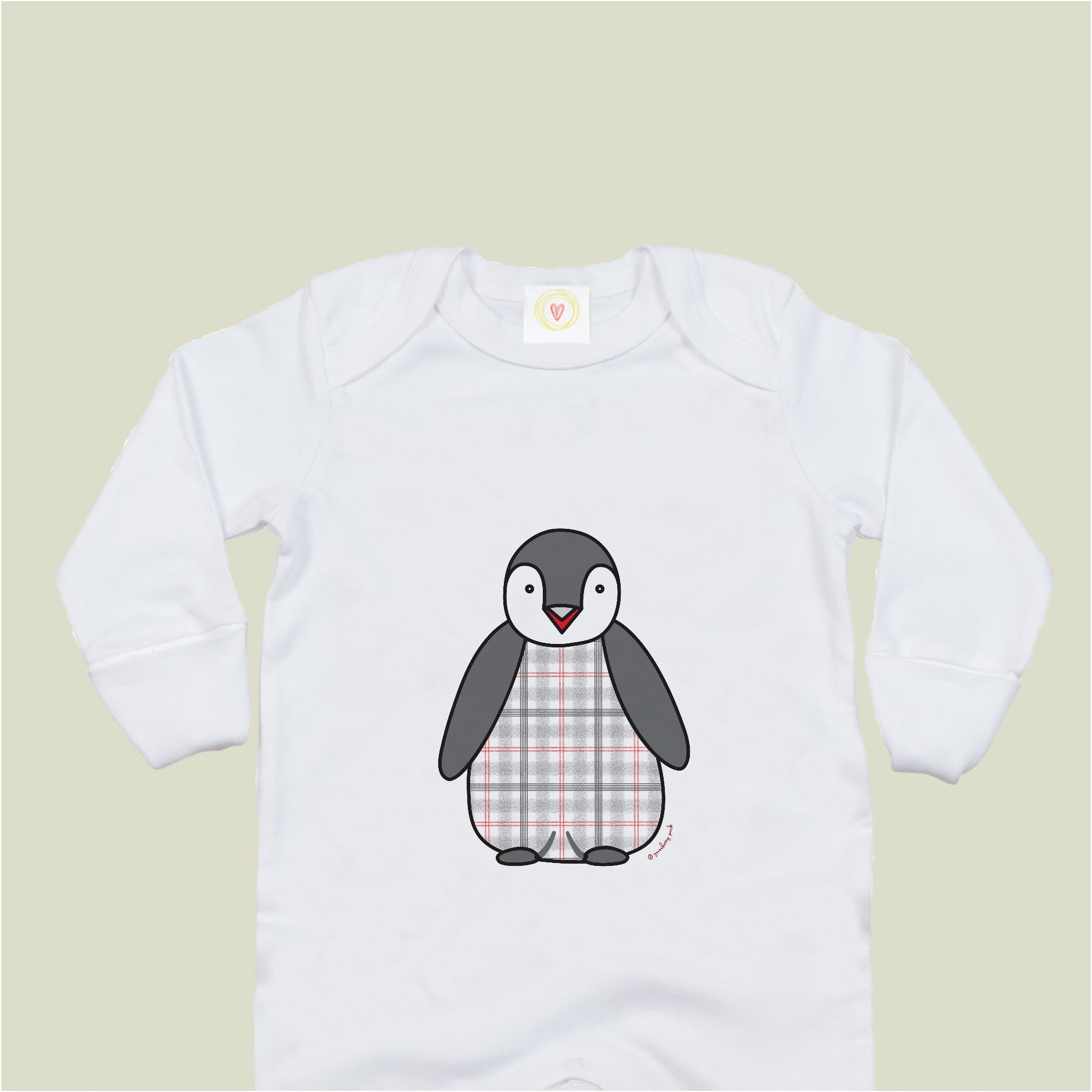 Organic cotton baby sleepsuit with tartan penguin design – soft, eco-friendly, scratch mitts, popper fastening, safe for newborns