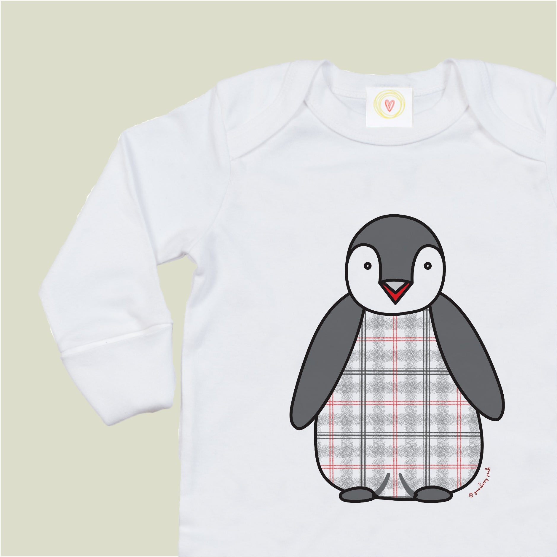 Organic cotton baby sleepsuit with tartan penguin design – soft, eco-friendly, scratch mitts, popper fastening, safe for newborns