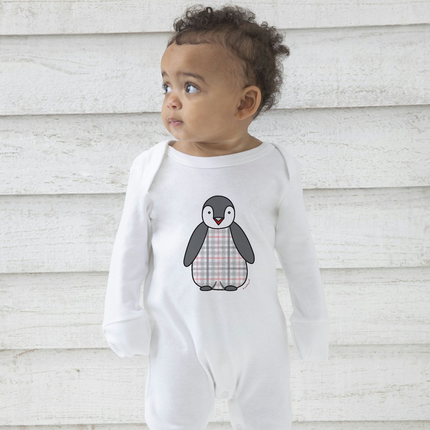 New Baby Sleepsuit in Organic Cotton - Tartan Penguin