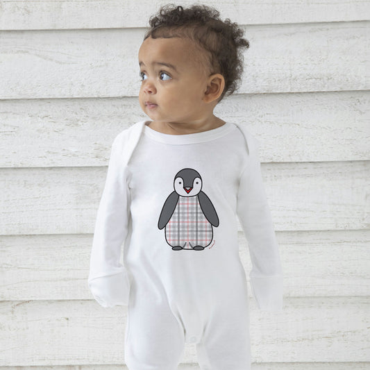Organic cotton baby sleepsuit with tartan penguin design – soft, eco-friendly, scratch mitts, popper fastening, safe for newborns