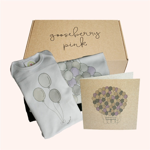 Full Mum-to-Be gift box showing packaged maternity top, baby bodysuit, eco greeting card, and Gooseberry Pink branded box – a complete, ready-to-send present.