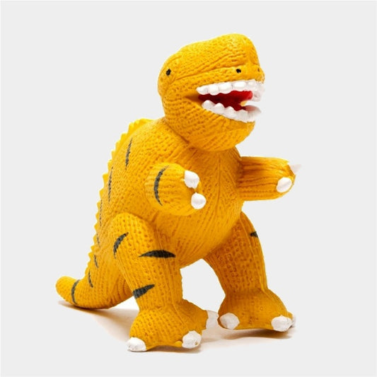Yellow natural rubber dinosaur teether and bath toy – eco-friendly and safe for babies from birth