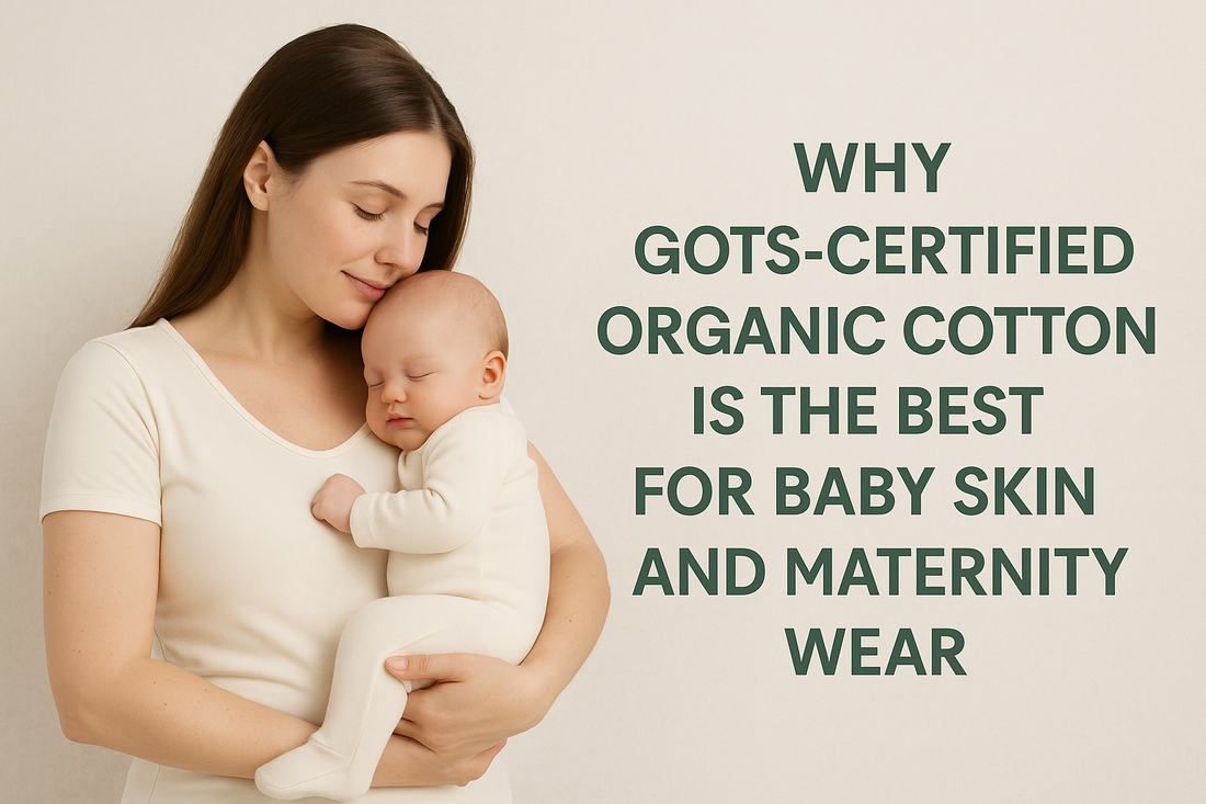 Mother holding baby in GOTS-certified organic cotton clothes — soft, safe and eco-friendly for baby skin and maternity comfort.