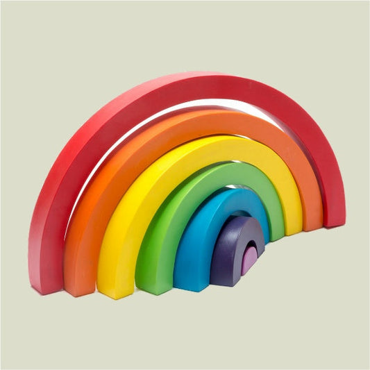 Eco-friendly natural rubber rainbow teething toy for babies – plastic-free, non-toxic, and safe for bath time and sensory play, by Gooseberry Pink