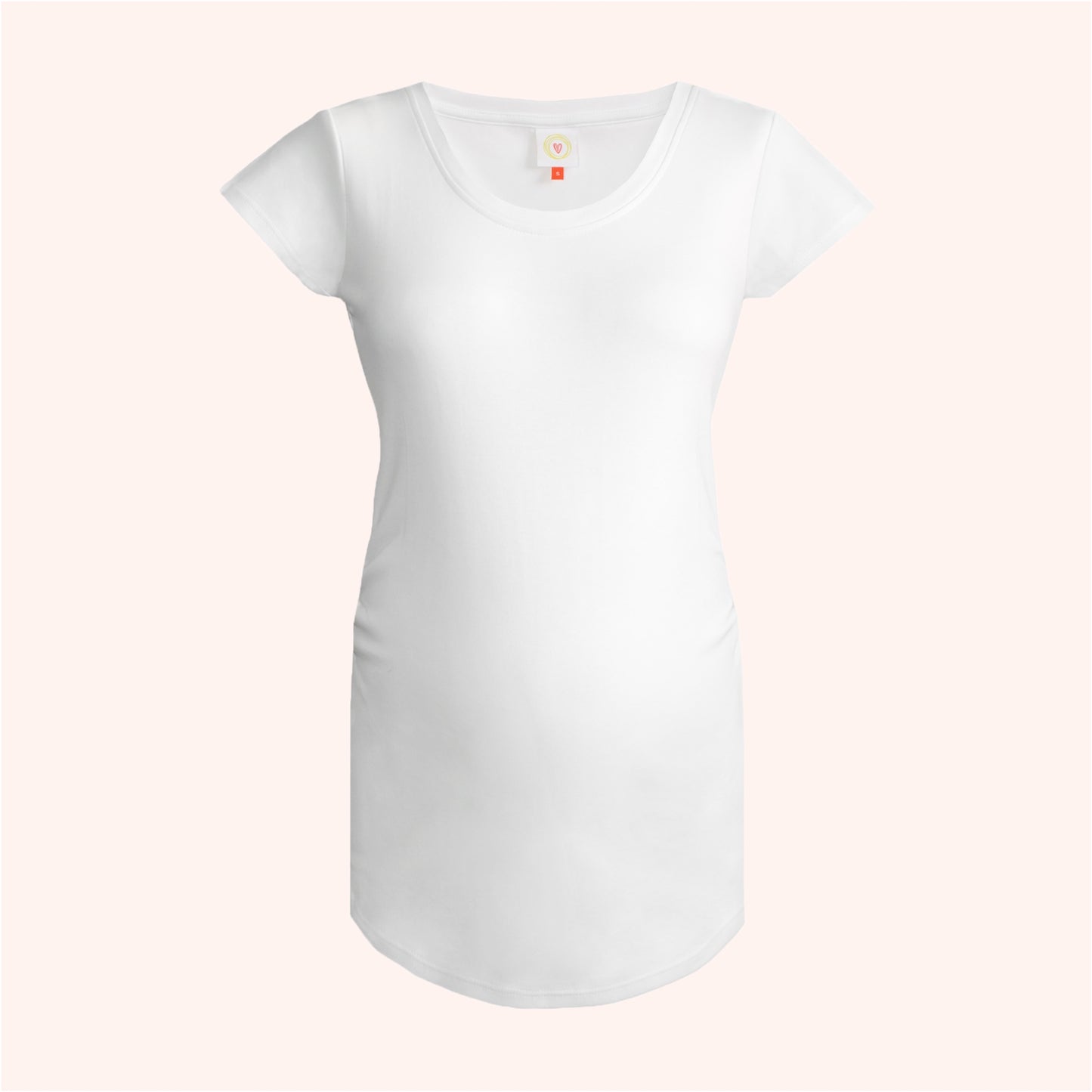 White maternity t-shirt on a light pink background