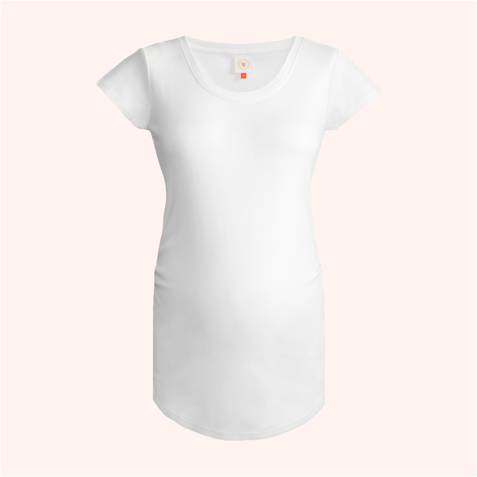 White maternity t-shirt on a light pink background
