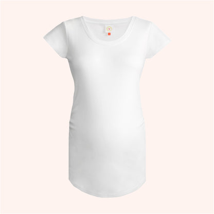 White maternity t-shirt on a light pink background