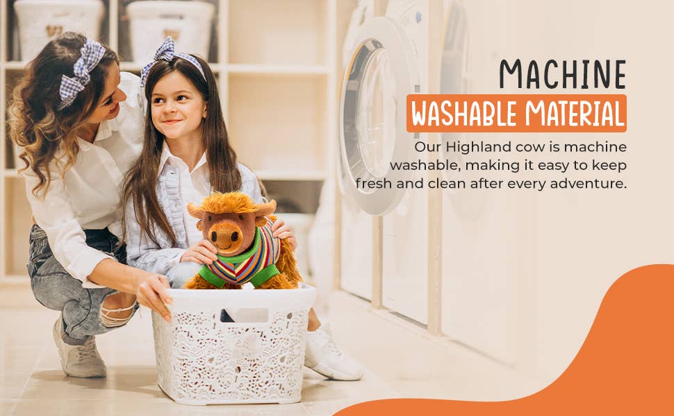 Two children playing with a Highland cow toy in front of a washing machine, with text about machine washable material.