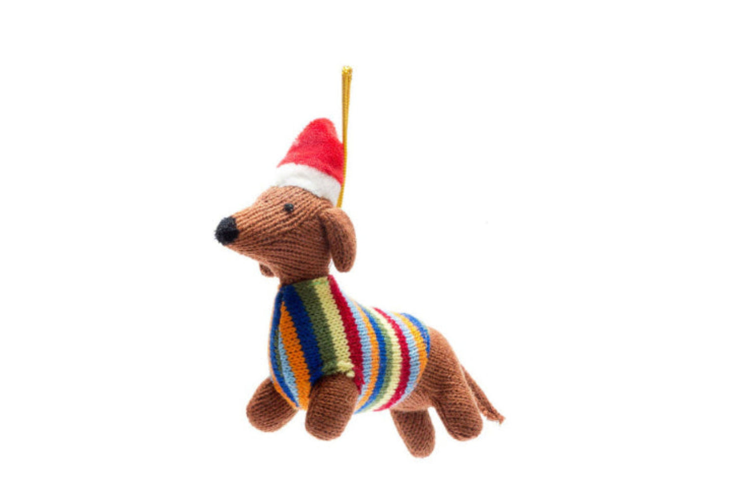 Knitted dog toy with a colorful sweater and Santa hat on a white background